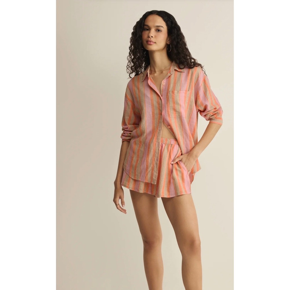 Z Supply Womens Small Pink Orange Striped Linen Blend Button Down Shirt ZT262689